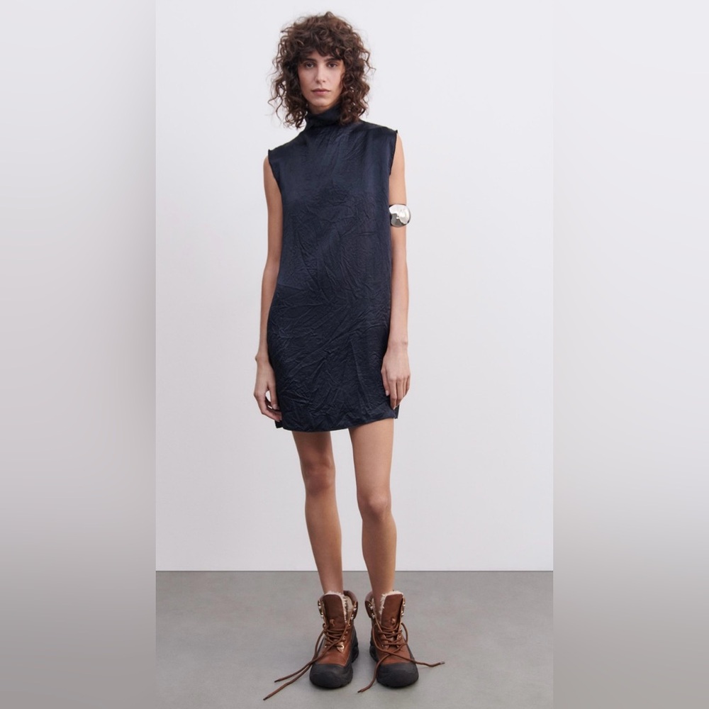 Zara Navy Satin High Neck Mini Size Small